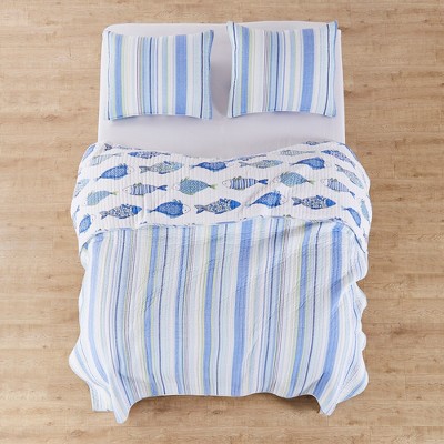Catalina Blue and Green Cotton Coastal Full/Queen Quilt Set