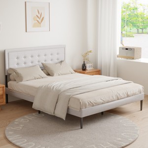 FURNIinspire Beds Queen Size Iron Platform Bed Frame, Modern Minimalist Bed with Wooden Slats Upholstered Headboard, White, 83.66"*62.2"*41.34" - 1 of 4
