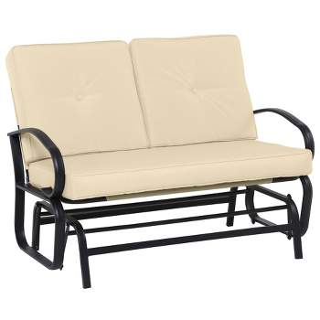 Outsunny Patio Glider Bench with Padded Cushions and Armrests, Outdoor 2-Person Swing Rocking Chair Loveseat with Sturdy Frame