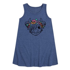 Girls' - Instant Message - Highland Cow Flower Crown Graphic Sleeveless Aline Dress - 1 of 4