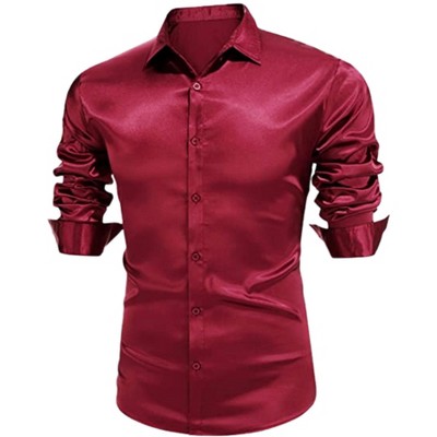Lars Amadeus Men's Solid Color Point Collar Long Sleeve Button Down Prom Satin Shirts
