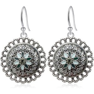 Bohemian Vintage Silver Enamel Flower Dangle Earrings - Lightweight Geometric Coin Hook, National Style Jewelry Gift - 1 of 4