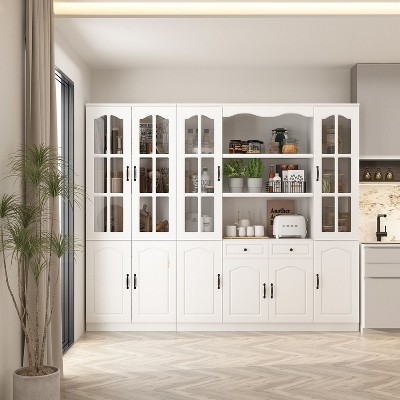 Famapy White Modular Storage Cabinet Pantry  Multifunctional Tempered Glass Cabinet