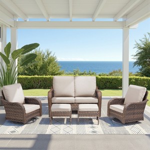 Buenhomino 5 Piece Patio Furniture Set, Wicker Patio Conversation Sets with Swivel Chairs, Outdoor Loveseat Sofa Sets with 2 Ottomans for Backyard - 1 of 4