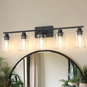 YANSUN 35.4 in. 5 Light Matte Black Vanity Light with Clear Cylinder Glass Shades for Industrial Bathroom Use - 1 of 1