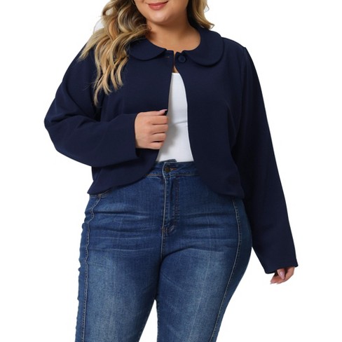 Agnes Orinda Women's Plus Size Business Office Long Sleeve Peter Pan Crop  Cardigans Navy Blue 4X