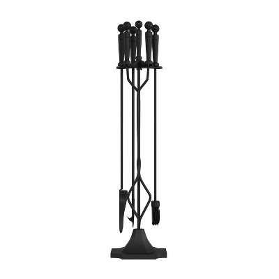 Black Wrought Iron 5-Piece Fireplace Tool Set with Stand