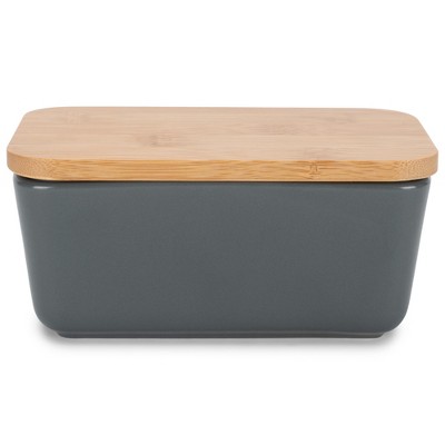 Nat & Jules Matte Grey 6.5 x 4 Ceramic and Bamboo Butter Dish With Lid