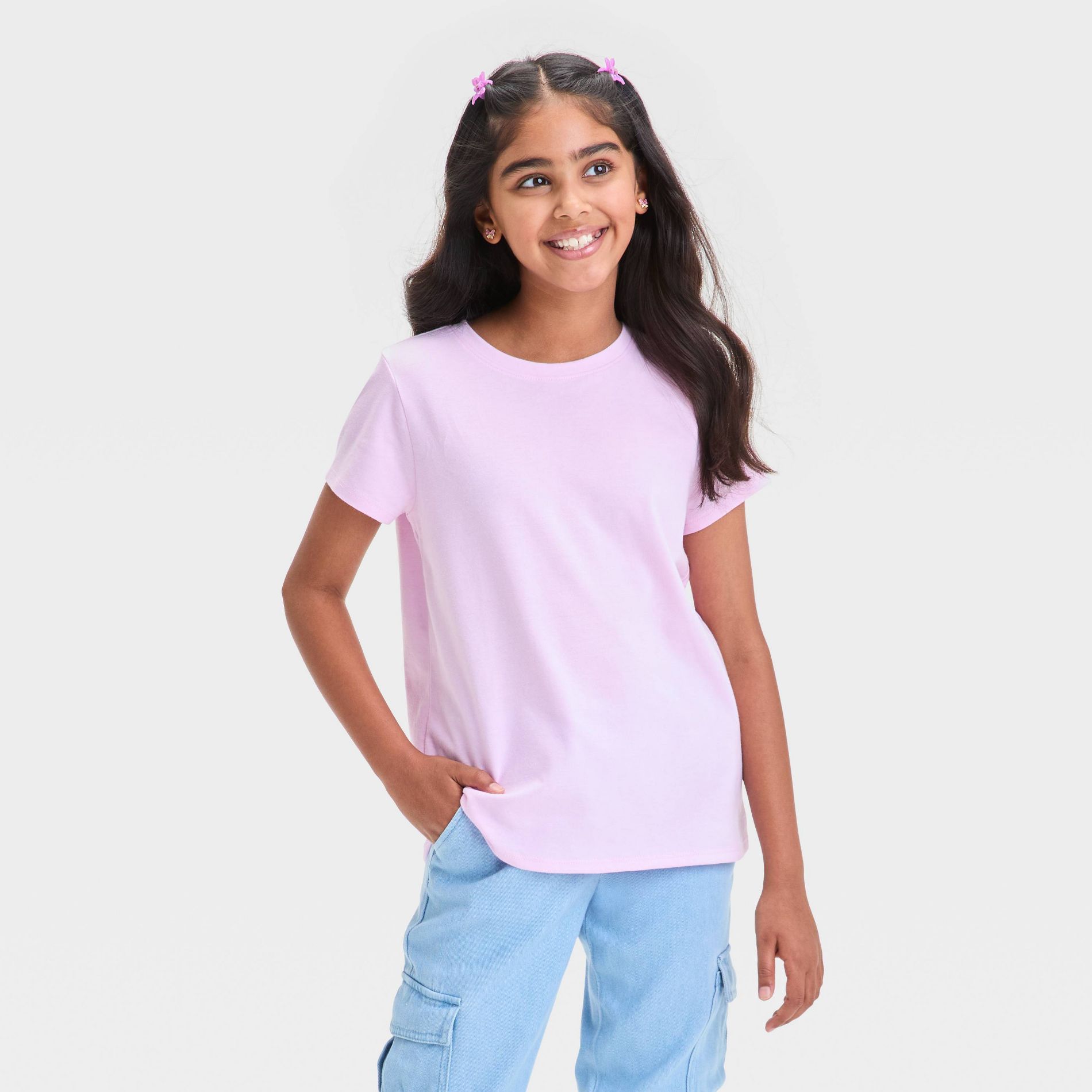 Girls' Short Sleeve Solid T-Shirt - Cat & Jack™ Light Purple M: Cotton Blend, Recycled Polyester, Crew Neck, Tagless, Jersey Fabric