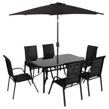 Outsunny 8 Piece Patio Furniture Set with Umbrella, Outdoor Dining Table and Chairs, 6 Chairs, Push Button Tilt and Crank Parasol, Glass Top, Black