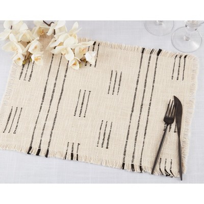 Ivory Dash Line Fabric Oblong Table Placemats, 23" x 19" Set of 4
