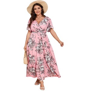 Whizmax Plus Size V Neck Wrap Maxi Dress for Women High Waist Short Sleeves Casual Floral Summer Dress with Belt - 1 of 4