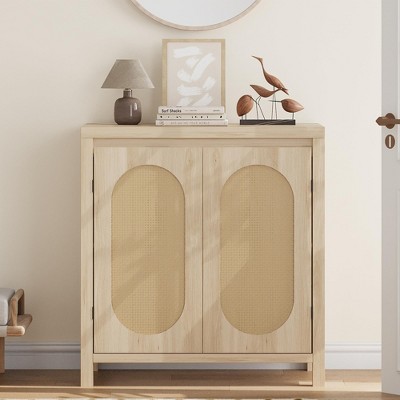 Natural Rattan and MDF Wood Sideboard Buffet Cabinet with Doors