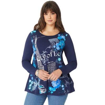 Roaman's Women's Plus Size Travel Graphic Long Sleeve Tee