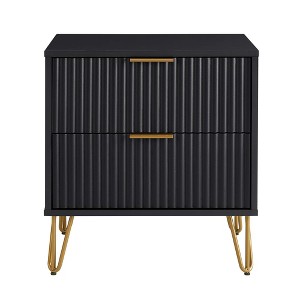 Gulches Black 2-Drawer Fluted Nightstand, Modern Glam MDF Side Table with Gold Metal Legs/Handles, Tool-Free "Snap It" Assembly for Bedroom - 1 of 4