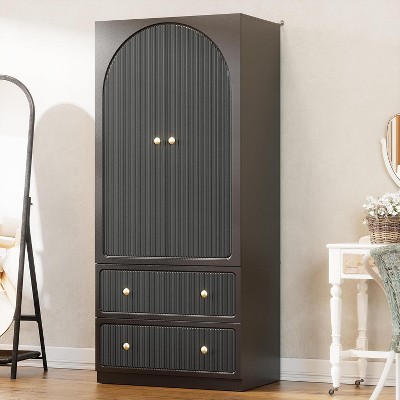 PAKASEPT Wave Armoire Wardrobe Closet with 2 Drawers & Hanging Rod, Freestanding Wooden Wardrobe