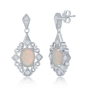 Opalata Sterling Silver Diamond Shape W/ CZ's & Oval Opal Stone Earrings - White - 1 of 2