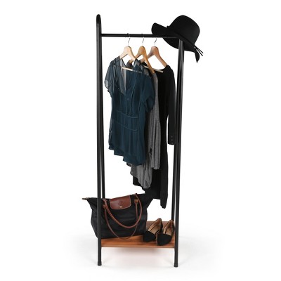Slim Black Steel Frame Clothing Shelf Rack with Wood Shelf