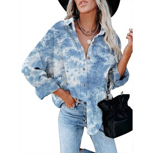 Women's Corduroy Printed Long Sleeve Button-Down Shirt, Oversized Shirt Jacket for Casual & Layering Wear - 1 of 4