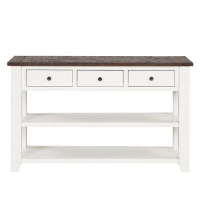 Hostack 48'' Modern Solid Wood Console Table with 3 Storage Drawers and 2 Shelves, Antique White and Brown Top