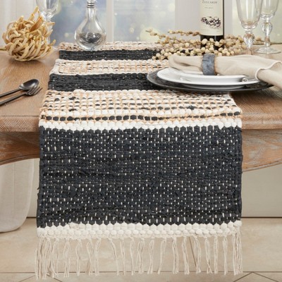 Boho Black and White Jute Leather Fringed Table Runner