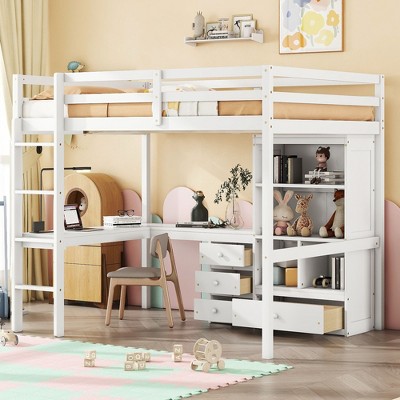 NicBex Full Sie Loft Bed with Desk Wooden Bed Frame with Storage Shelves, Drawers, Ladder and Full Length Guardrail, No Box Spring Required