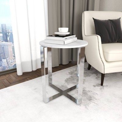 White Marble and Stainless Steel Round Accent Table