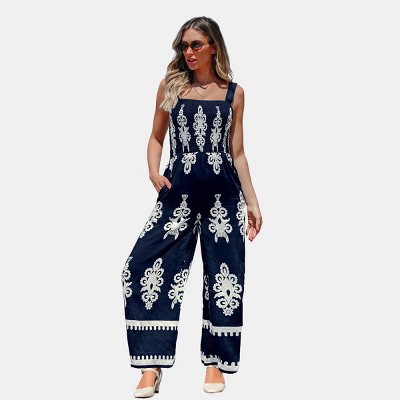 Women's Bohemian Chic Navy Jumpsuit with Ornate White Print - Cupshe