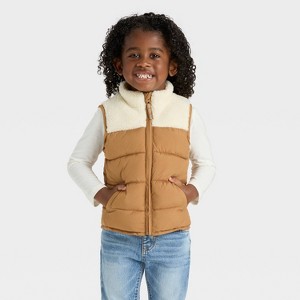 Toddler Boys' Dressy Faux Shearling Puffer Vest - Cat & Jack™ Brown - 1 of 3