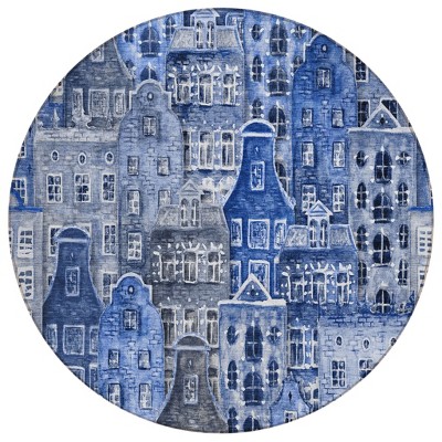 Navy Blue And Sky Blue Village Houses Washable Indoor Outdoor Area Rug