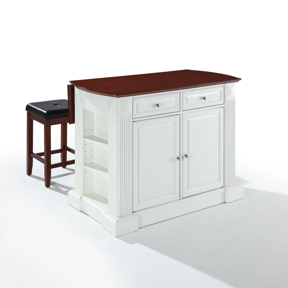 Crosley Furniture KF300075WH Drop Leaf Breakfast Bar Top Kitchen Island in White Finish with 24 in. Cherry Upholstered Square Seat Stools
