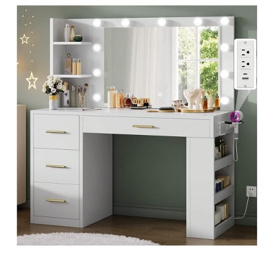 Makeup Vanity Desk Set 11 Bulbs And Mirror 4 Drawers and Built-in Shelves With Power Outlet 3 Adjustable Light Modes for Bedroom White