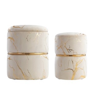 Furniliving 16" Velvet Round Ottoman with Storage Set of 2, Modern Footrest Upholstered Vanity Stool for Living Room, Bedroom - 1 of 4