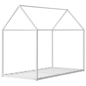 VEVOR Twin Size House Bed Frame, Metal Kids Floor Bed Frame with Roof, Heavy Duty Steel Slats Support, House Shape Bedframe, White - 1 of 4
