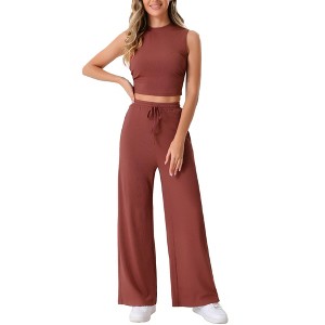 Allegra K Women's 2 Piece Crew Neck Sleeveless Crop Tank and Wide Leg Pants Summer Lounge Set - 1 of 4