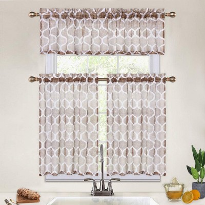 Sheer Kitchen Tier Curtains 36 Inch, Geometric Printed Farmhouse Voile Short Curtains for Cafe, Bathroom, Small Windows, Brown/Taupe, 2 Panels