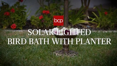 Green Solar Lighted Pedestal Bird Bath with Planter
