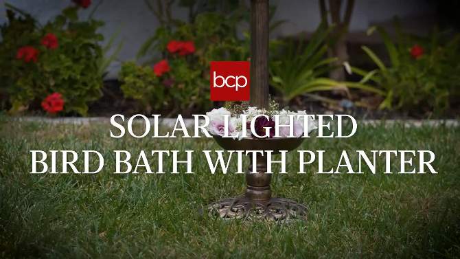 Best Choice Products Solar Lighted Pedestal Bird Bath w/ Planter, Integrated Panel, 2 of 9, play video