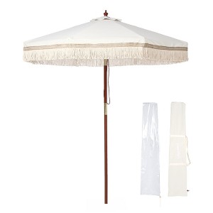 LAGarden 7' Patio Beige Umbrella with Tassels UPF50+ Boho Style 5-Year-Non-Fading for Outdoor,Model:BH7W-01P 7FT Ivory with Tassels - 1 of 4