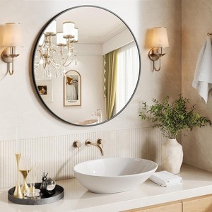 30" Round Wall Mirror, Modern Black Metal Frame Large Circle Mirror for Bathroom, Bedroom, Vanity, Entryway & Living Room Decor - 1 of 4