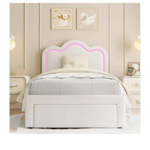 Coucheta Twin PU Bed Frame with adjustable mountain headboard, built-in RGB LED lights, noise-free support. No box spring needed. - 1 of 4