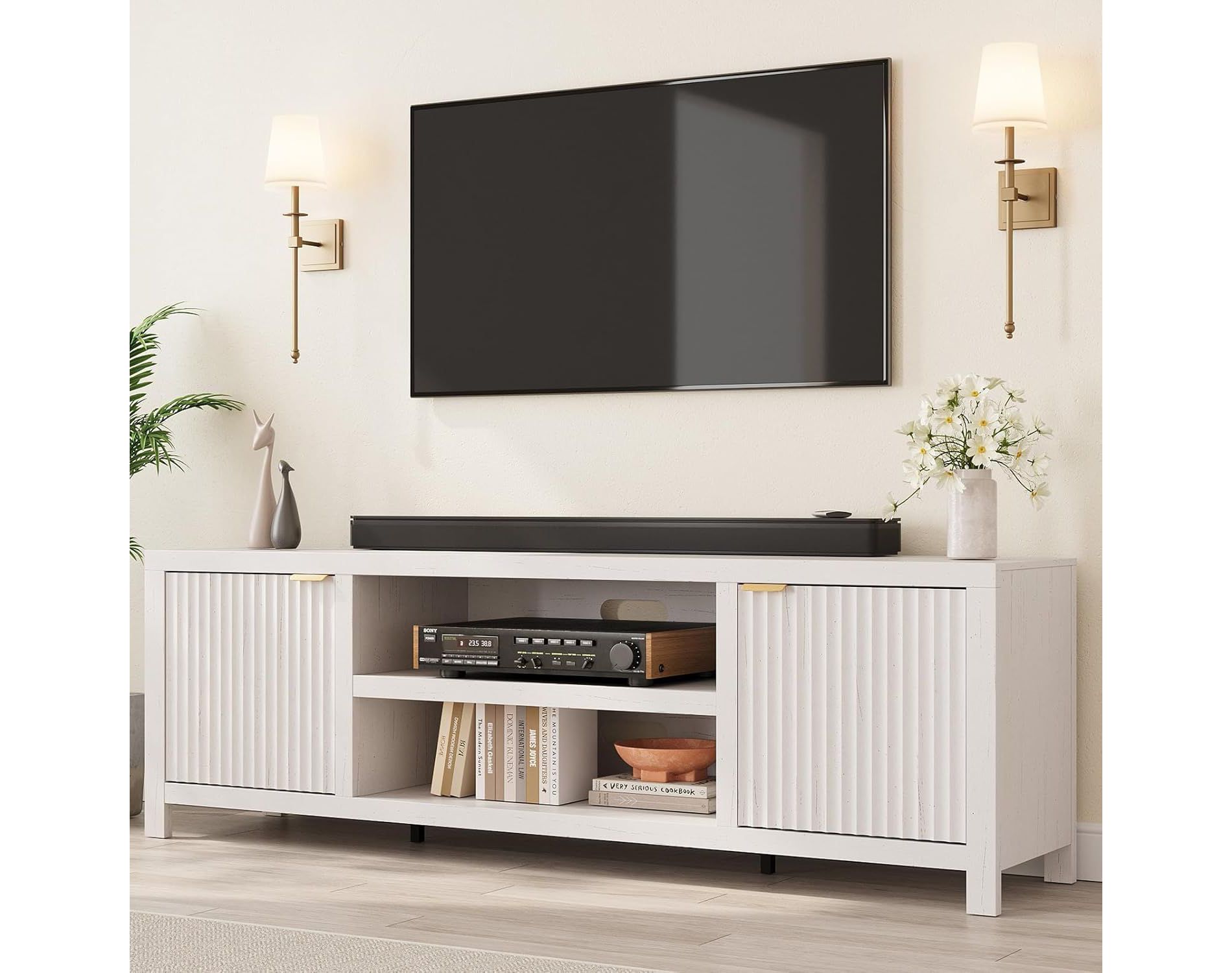 Acekool 70" Modern Fluted TV Stand for TVs up to 80", Media Console with Storage Cabinets, Adjustable Shelves, Entertainment Center