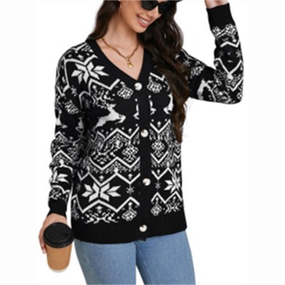 Clearlove Womens Christmas Cardigan V Neck Button Down Long Sleeve Open Front Cardigan Sweaters Knitwear Snowflake Elk Pattern