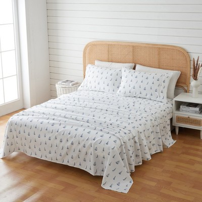 King White Coastal Sailboat Print Microfiber Sheet Set