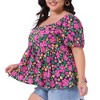 Agnes Orinda Women's Plus Size Floral Ruffle Hem Sweetheart Neck Short Sleeve Back Smocked Blouses - 2 of 4