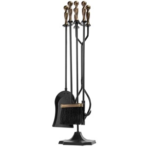 Barton 5pcs Hearth Fireplace Set Fire Tools Brush Brass Iron 31" Base - 1 of 4