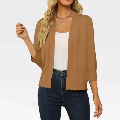 Women's Lightweight 3/4 Sleeve Cropped Cardigan Sweater Open Front Short Shrugs,Light Brown - S