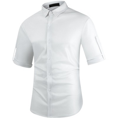 INSPIRE CHIC Men's Metallic Holographic Roll-up Sleeves Button Down Shiny Disco Party Shirts