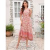 Coolmee Women's Boho  Dress High Waisted Beach Short Sleeve Dress Casual Floral V Neck Maxi Dress - 3 of 4