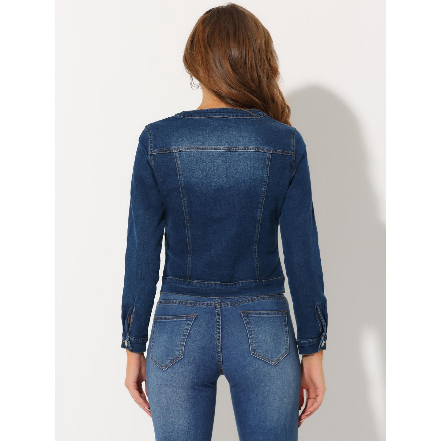 Женские куртки INSPIRE CHIC Button Down Collarless Long Sleeve Jean Jackets Small Dark Blue, цвет: Тёмный синий — фото 4